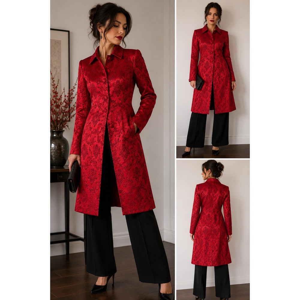 Suits Us Womens Red Jacquard Damask Floral Duster Coat Longline Jacket Size 12